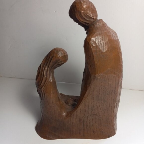 Holy Family Religious Woodgrain Statuette Vintage Resin Dk. Mid Century 1960s - Picture 5 of 9